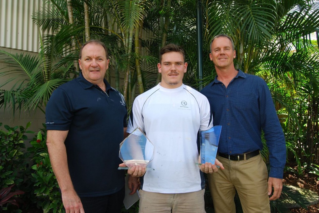 South East Queensland’s School Based Apprentice of the Year – Dominic Perry (middle) pictured with Riviera's Chief Executive Officer Wesley Moxey (left) and Riviera Chairman and Owner Rodney Longhurst (right).